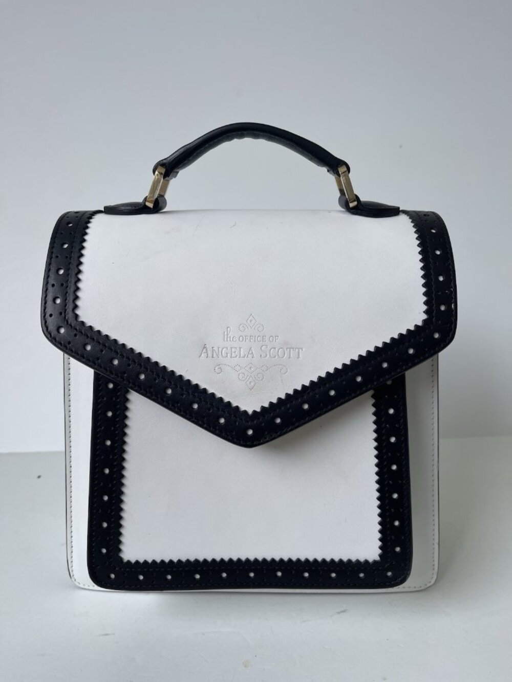 The Office of Angela Scott The Babe Black White Leather Top Handle Bag Italy - Picture 4 of 11